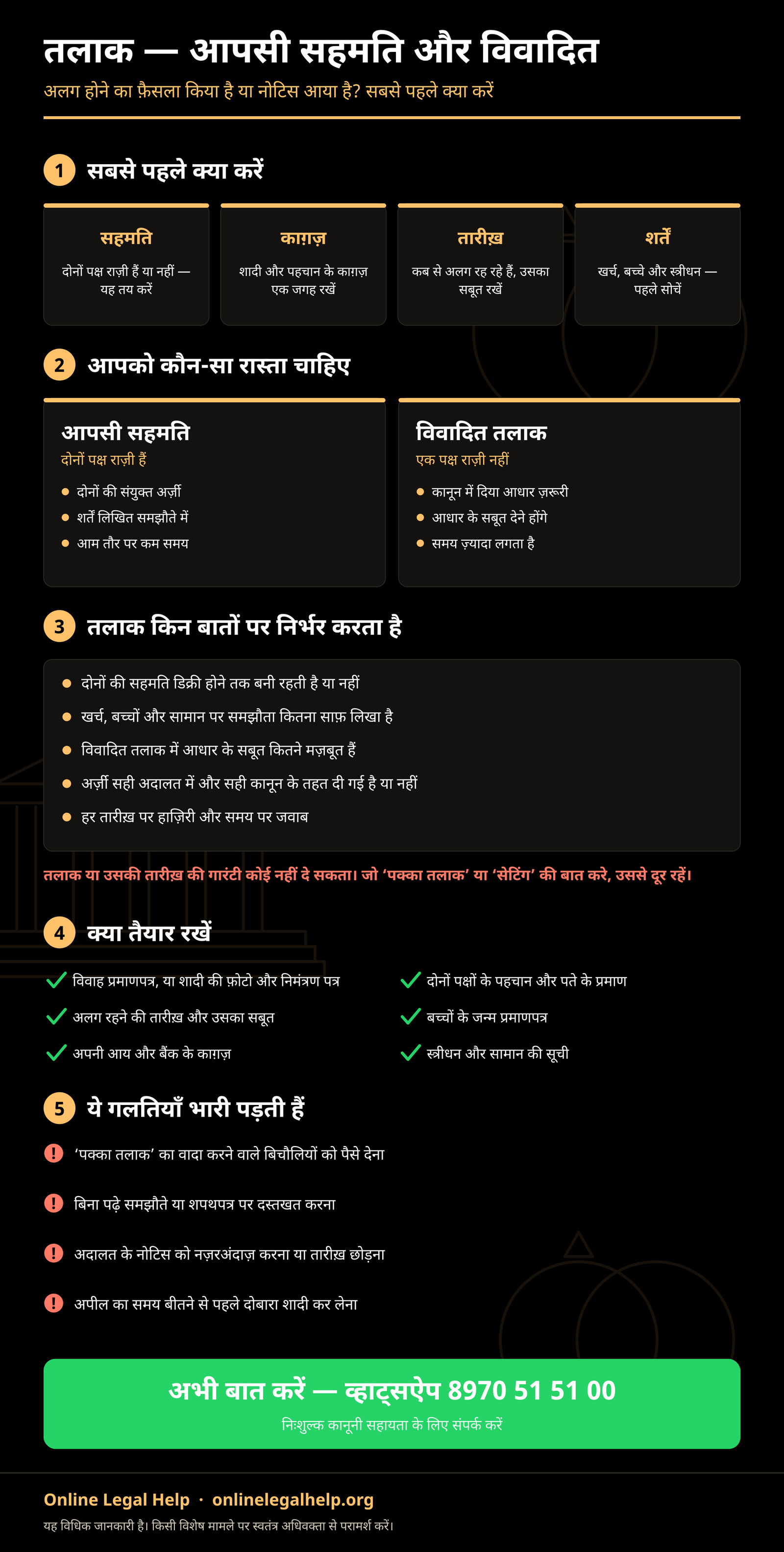 तलाक का सार: पहले चार काम, आपसी सहमति या विवादित तलाक, फ़ैसला किन बातों पर निर्भर है, ज़रूरी दस्तावेज़ और आम गलतियाँ