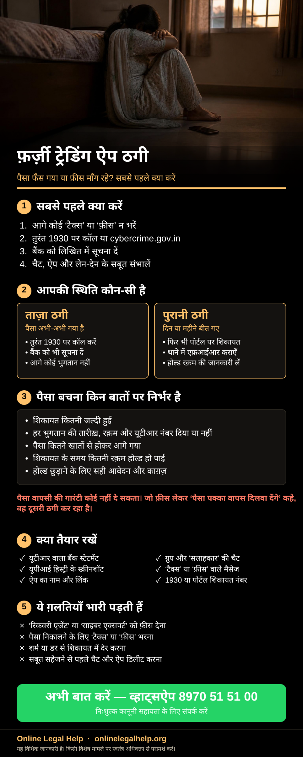 फ़र्ज़ी ट्रेडिंग ऐप ठगी का सार: पहले चार काम, ताज़ा और पुरानी ठगी में रास्ता, पैसा बचाना किन बातों पर निर्भर है, ज़रूरी दस्तावेज़ और आम गलतियाँ
